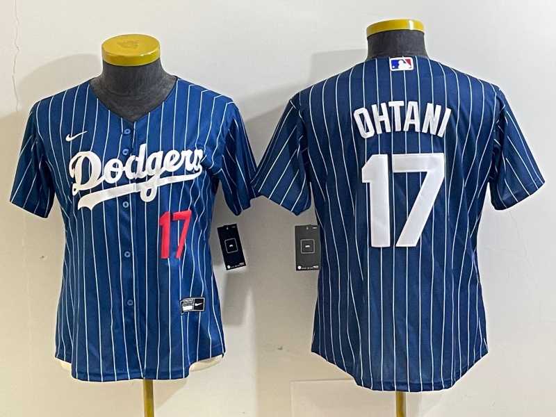 Womens Los Angeles Dodgers #17 Shohei Ohtani Number Red Navy Blue Pinstripe Stitched Cool Base Nike Jerseys->mlb womens jerseys->MLB Jersey